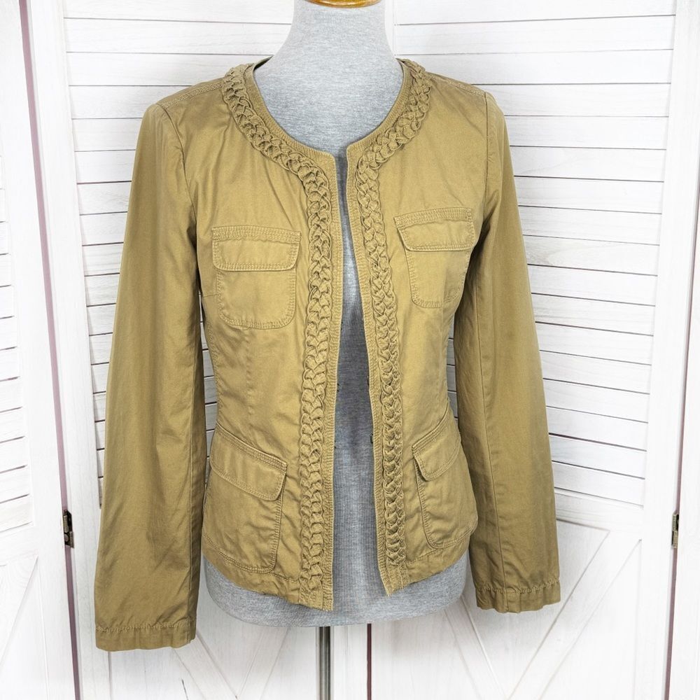 J. Crew Chino Jacket Womens 4 Tan Braided Trim Twill Utility Blazer Khaki Cotton